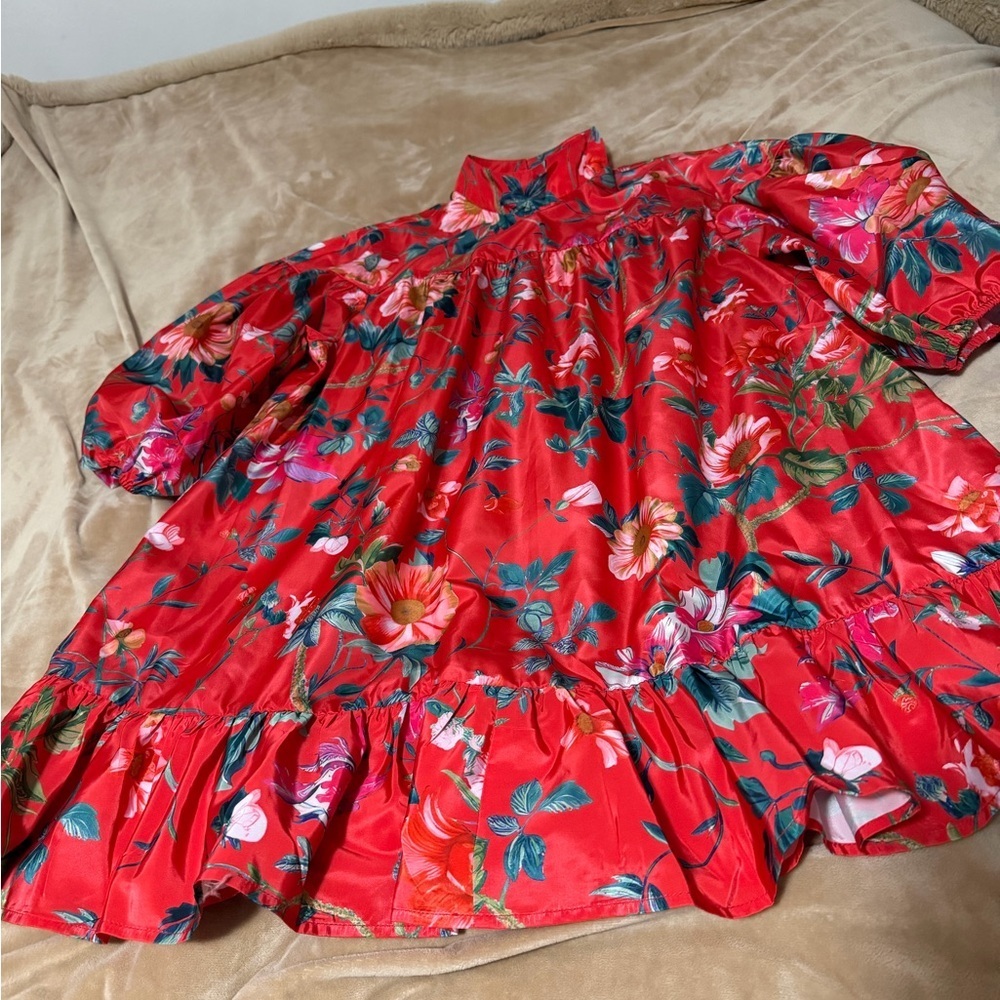 Anthropologie Red Floral Puff Sleeve Mini Dress Small - Picture 4 of 9